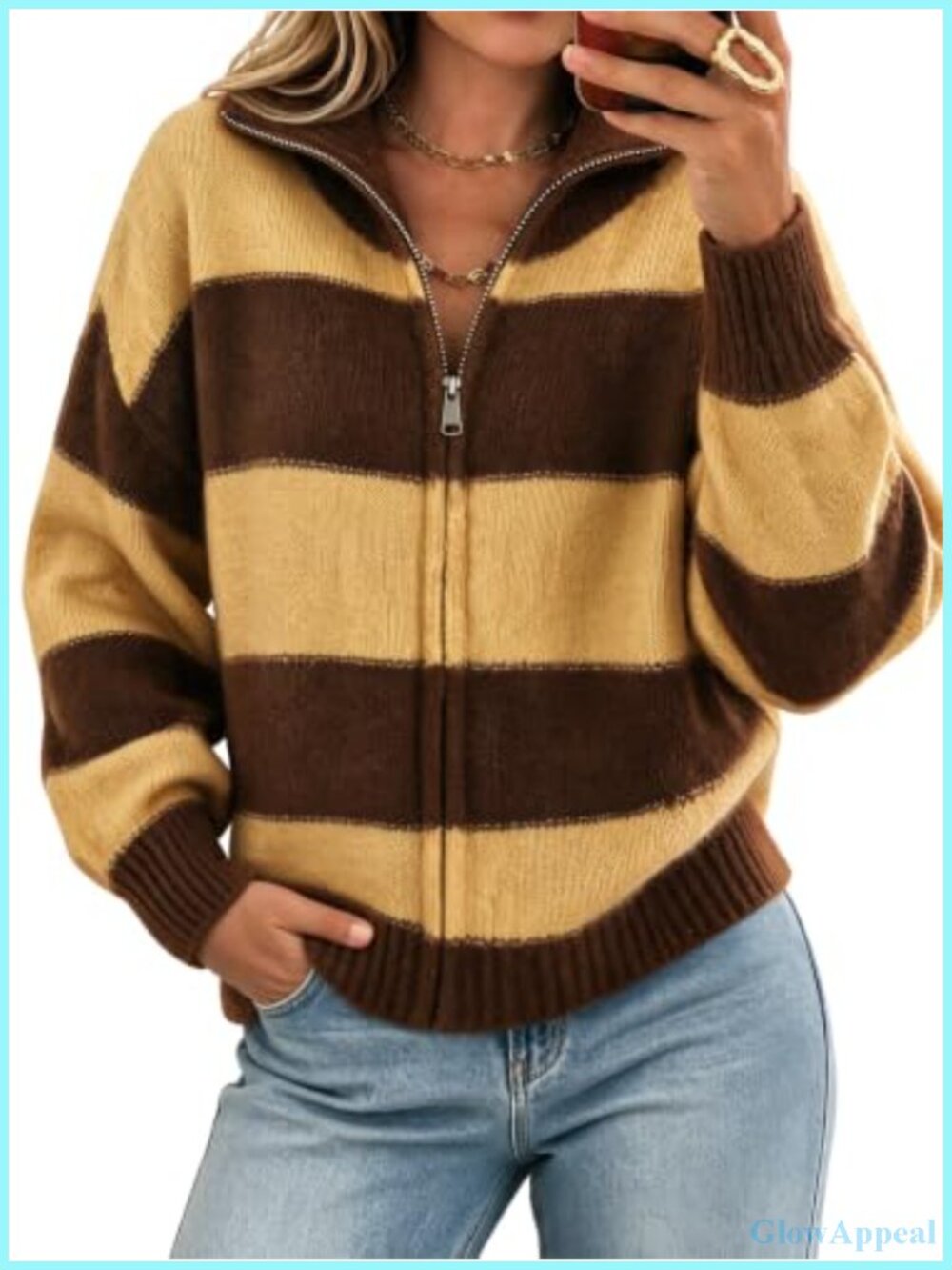 Women's Knit Zip-Up Cardigan Sweater High Neck Striped Color Block